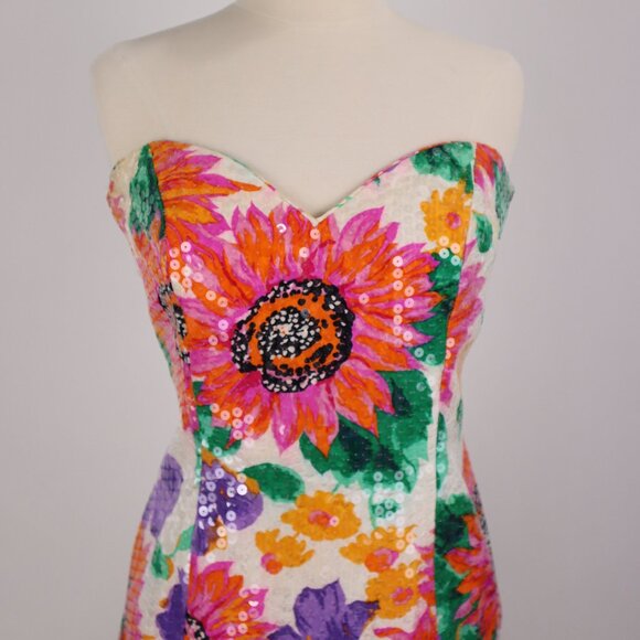 🌺 Vtg A.J. Bari Tropical Floral Ruffled Tierred Strapless Dress Party Resort - Picture 4 of 11